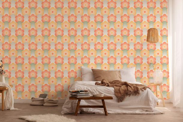 Non-woven wallpaper waves flowers apricot green 39539-4