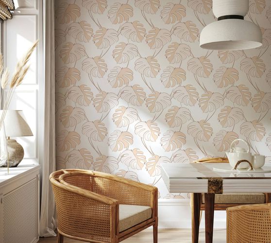 Non-woven wallpaper leaves white beige apricot 81605