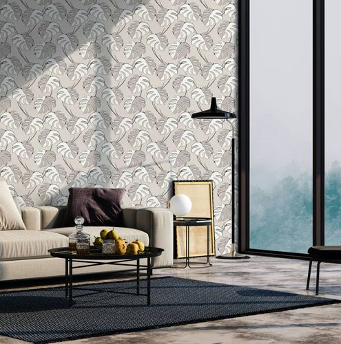 Non-woven wallpaper leaf pattern grey beige brown 81606