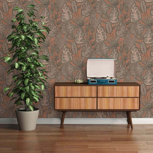 Non-woven wallpaper leaves orange brown 39346-2