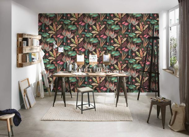 Non-woven wallpaper jungle black pink green 39348-1