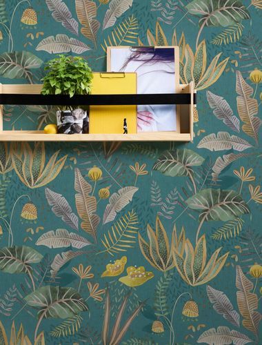 Non-woven wallpaper jungle petrol yellow 39348-3