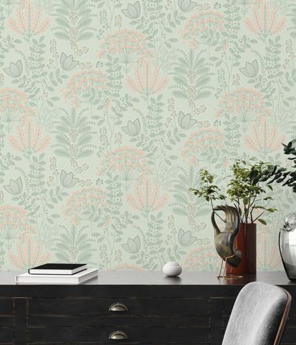 Non-woven wallpaper floral linen look green pink 39349-3