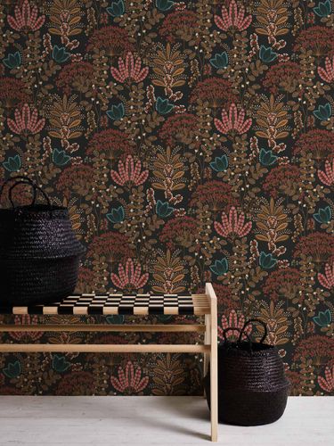 Non-woven wallpaper floral black orange 39349-5