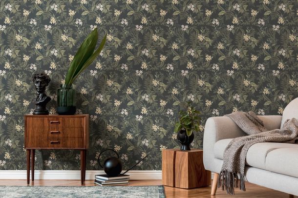 Non-woven wallpaper floral flowers black green 39424-4