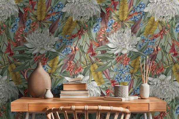 Non-woven wallpaper jungle floral green red blue 39428-1