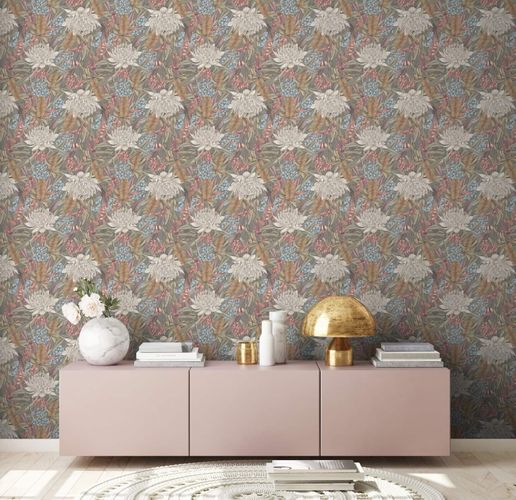 Non-woven wallpaper jungle floral grey pink green 39428-3