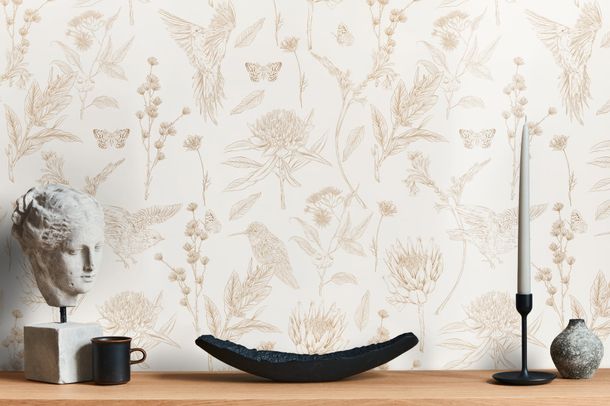 Non-woven wallpaper birds flowers cream brown 39429-1