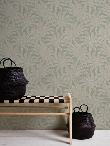 Non-woven wallpaper leaves green white gold 39501-2