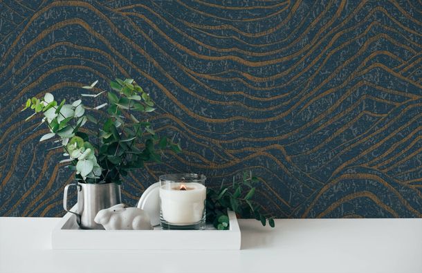 Non-woven wallpaper waves dark blue gold metallic 39507-4