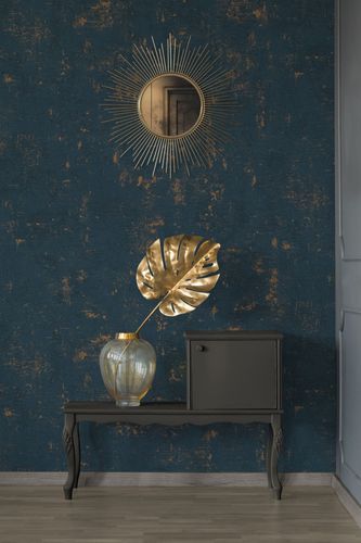 Non-woven wallpaper plaster look dark blue gold 3951-39