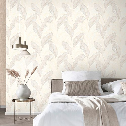 Non-woven wallpaper leaves beige metallic glitter 10282-02