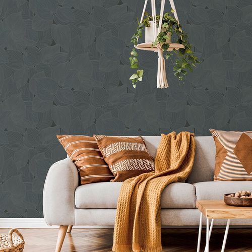 Non-woven wallpaper leaves black grey glitter 10381-15