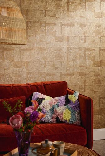 Non-woven wallpaper tiles gold brown metallic 39671-1