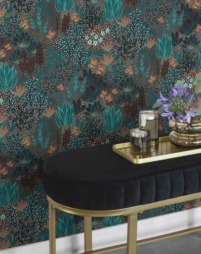 Non-woven wallpaper Rasch tropical black blue 866018