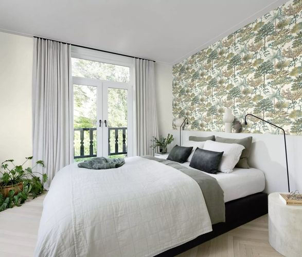 Non-woven wallpaper Rasch trees tropics white green 867329