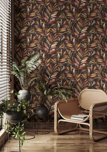 Non-woven wallpaper Rasch leaves black red yellow 867633