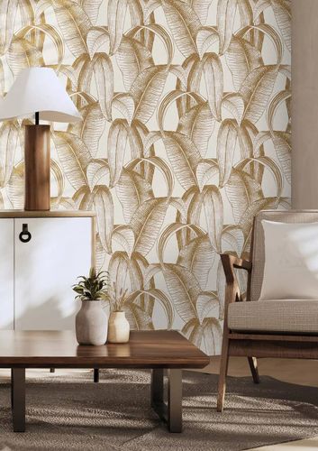 Non-woven wallpaper Rasch leaves jungle white brown 867978