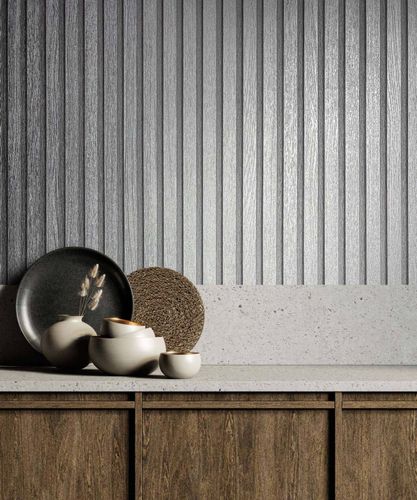 Non-woven wallpaper wood panels silver metallic 33395