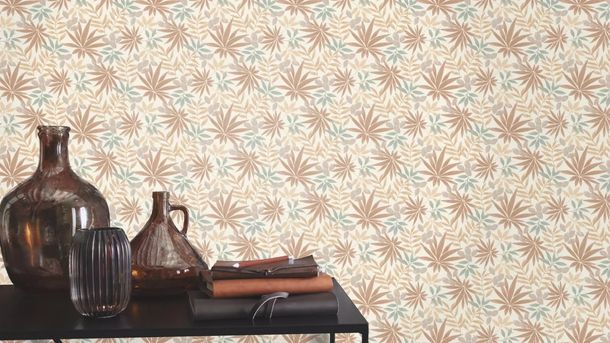 Non-woven wallpaper Rasch leaves cream brown blue 580228