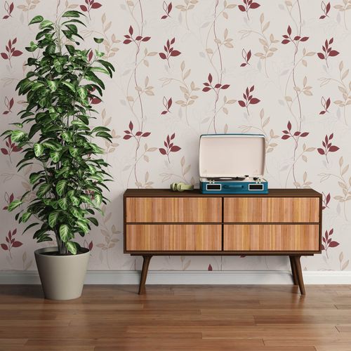 Non-woven wallpaper floral leaves cream beige red 2497-39