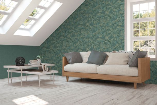 Non-woven wallpaper leaves green gold metallic 39340-1