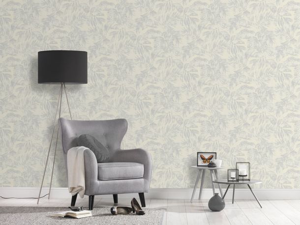 Non-woven wallpaper leaves cream grey silver 39340-3