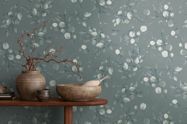 Non-woven wallpaper floral green silver metallic 39768-3