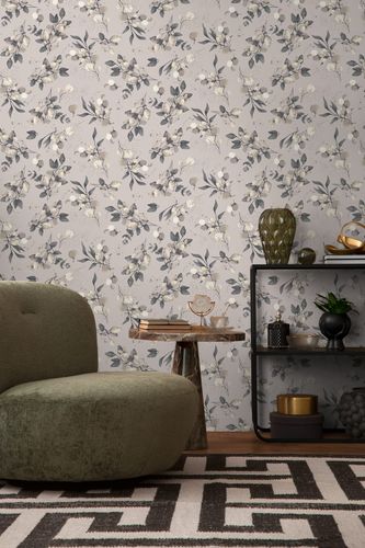 Non-woven wallpaper floral beige grey silver 39768-4