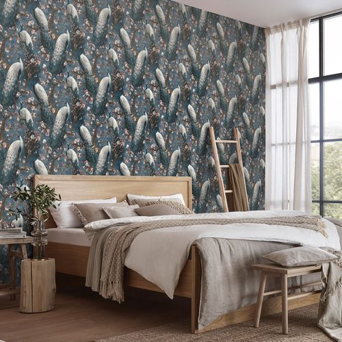 Non-woven wallpaper floral bird blue brown pink 10414-08