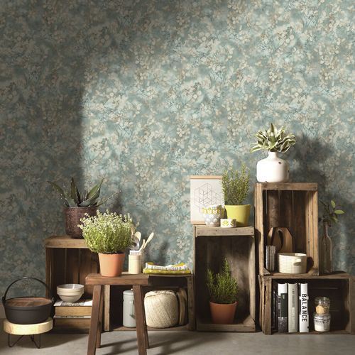 Non-woven wallpaper floral green cream blue 10415-07