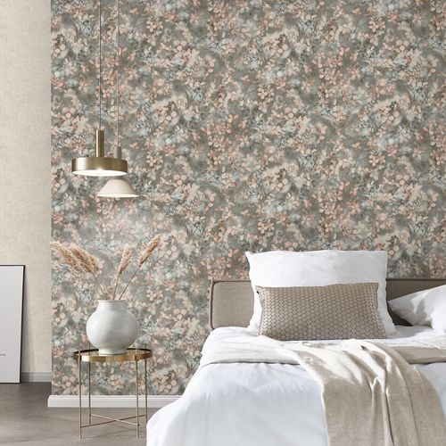 Non-woven wallpaper floral green beige cream 10415-10