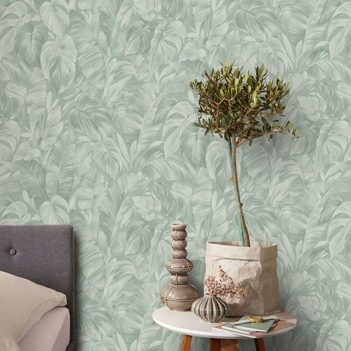 Non-woven wallpaper leaf pattern light green 10416-07