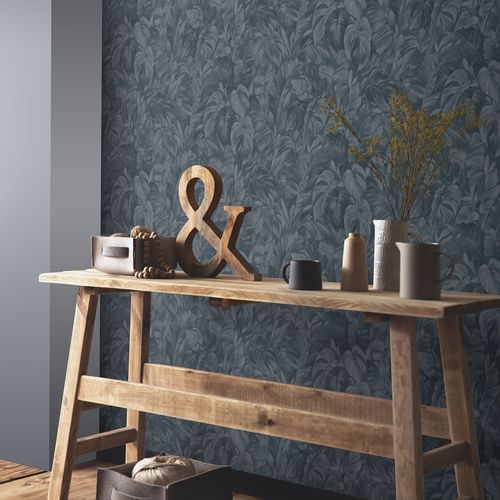 Non-woven wallpaper leaf pattern dark blue 10416-08