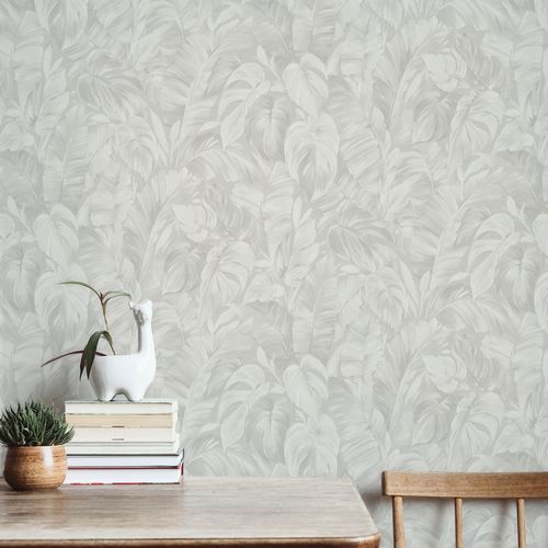 Non-woven wallpaper leaf pattern grey white 10416-10