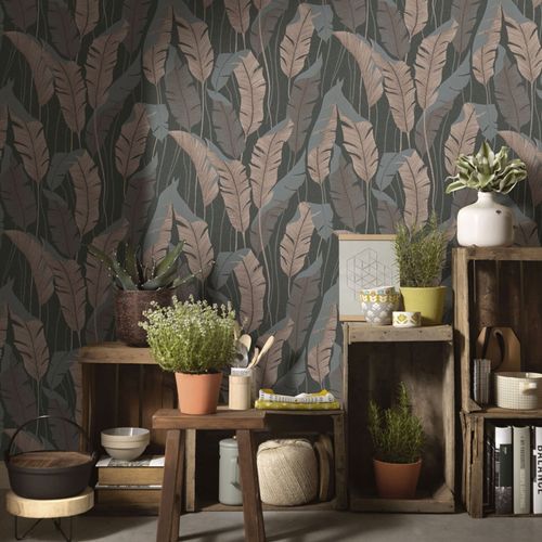 Non-woven wallpaper leaves grey cream metallic 10344-47