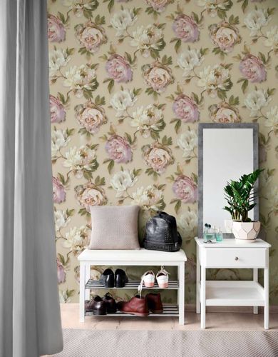 Non-woven wallpaper flowers beige white pink 39608-1