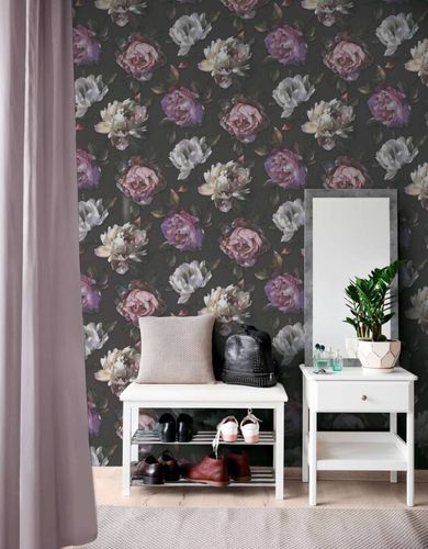 Non-woven wallpaper flowers black white purple 39609-1