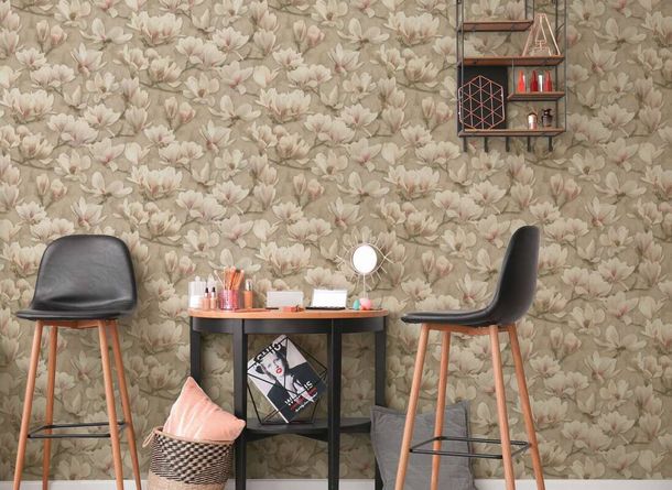 Non-woven wallpaper floral brown cream pink 39610-1