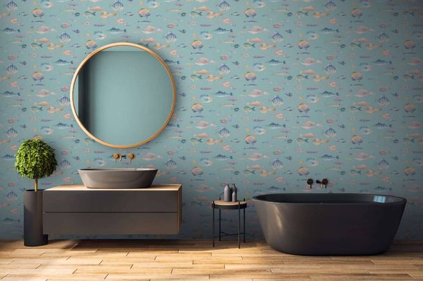 Non-woven wallpaper fish turquoise blue pink 39696-3