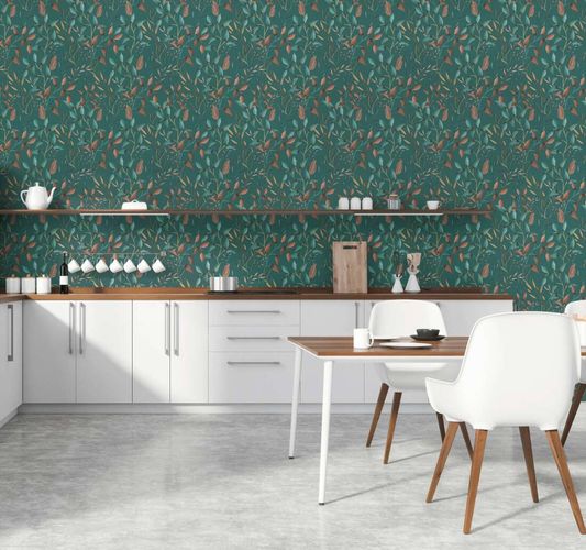 Non-woven wallpaper tendrils green petrol brown 39745-4