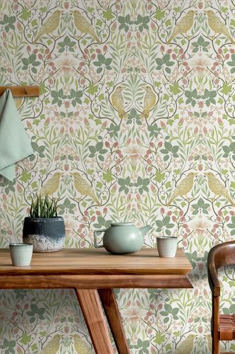 Non-woven wallpaper ornaments white green red 47620