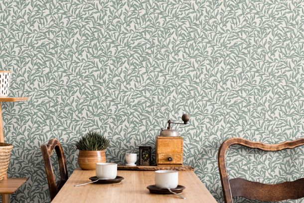 Non-woven wallpaper floral leaves grey turquoise 47639