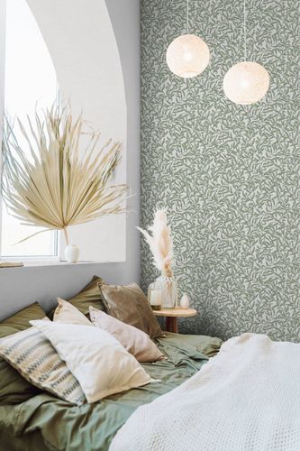 Non-woven wallpaper floral leaves motif grey green 47640