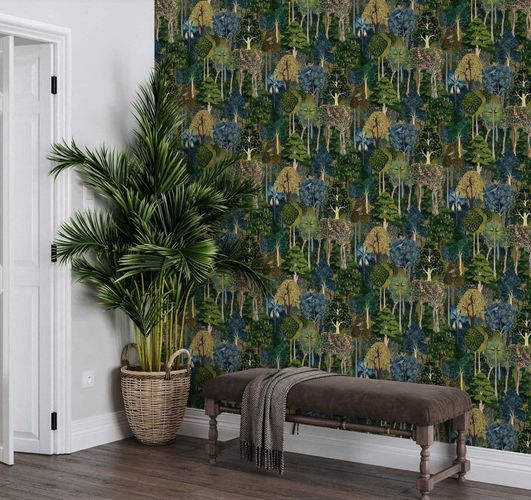 Non-woven wallpaper exotic plants green blue 47650