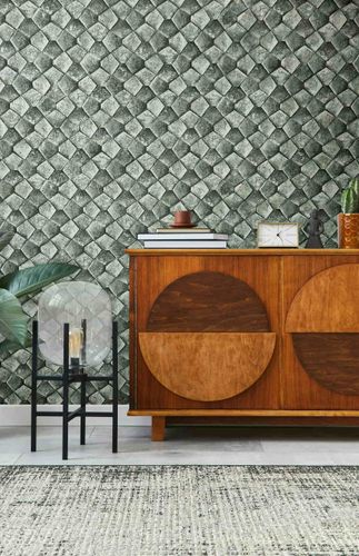 Non-woven wallpaper graphic mosaic green grey gloss 86546