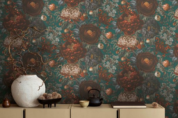 Designer wallpaper Michalsky roses orange grey 39979-3