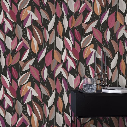 Non-woven wallpaper leaf pattern black grey red 10431-06