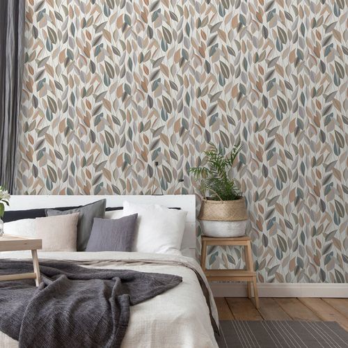 Non-woven wallpaper leaf pattern grey beige green 10431-07