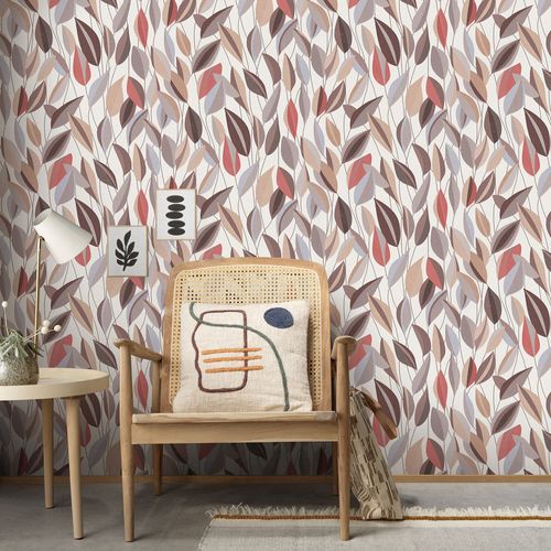 Non-woven wallpaper leaf pattern white brown red 10431-11